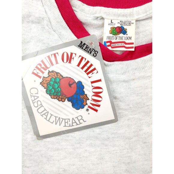 Vintage Fruit Of The Loom Ringer T Shirt Grey Pink New Men Large Single Stitch - Picture 3 of 10